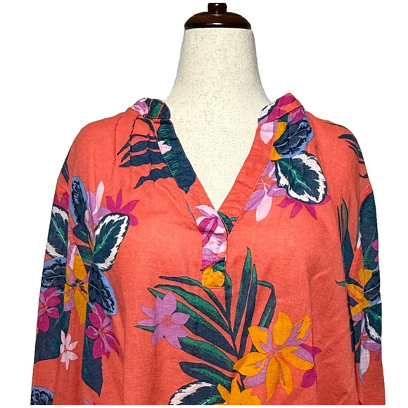 Old Navy Top Womens XXL Orange Blue Hawaiian Floral Linen Blend Beachy Coastal - Picture 5 of 9